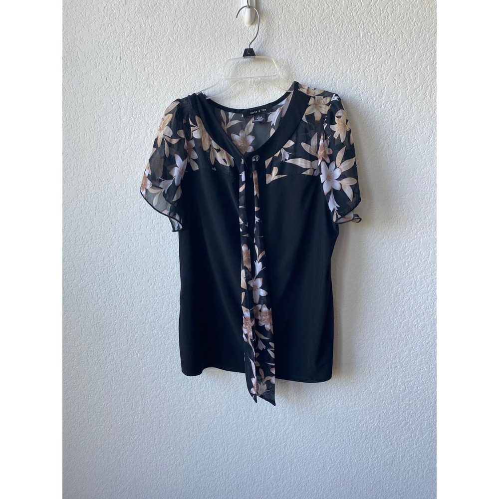 Adele & May Women Floral Chiffon Yoke Romantic Blouse Size L Black Tan N23524A